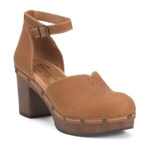 SBICCA DONERAIL TAN LEATHER STUDDED PLATFORM CLOGS SHOES 10